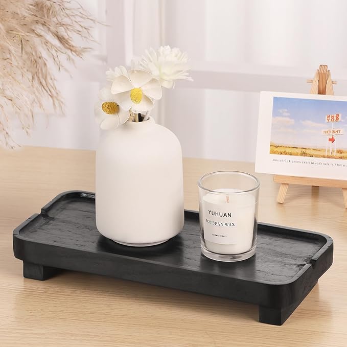 Wood Riser Small Decorative Tray Sink Soap Dish, Vanity Tray Pedestal Stand 10 x 4.5 inches (Black)