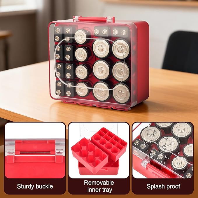 FULLCASE Battery Storage Organizer Box, Holder Container for 20 C D 9V Batteries, Plastic Home Batteries Variety Pack Protective Organization(Case Only) Red