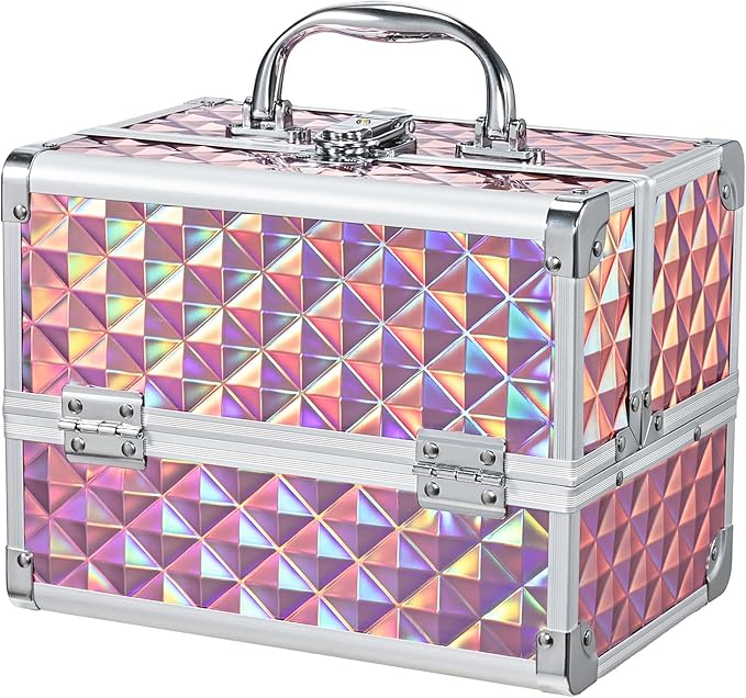 Makeup Case with Lighted Mirror Travel Makeup Organizer Box 2 Trays Lockable Cosmetic Train Case with Movable LED Mirror for Girls Make Up Nail Kits Sewing Vanity Storage Case Shiny Pink