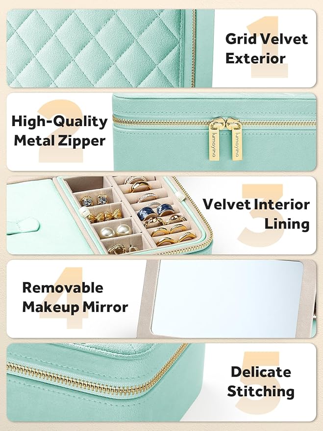 Velvet Travel Jewelry Box with Large Mirror, Double-Layer Jewelry Organizer Case for Women and Girls, Portable Storage Case with 6 Anti-Tarnish Bags Gift Ready for Her (Mint Green)
