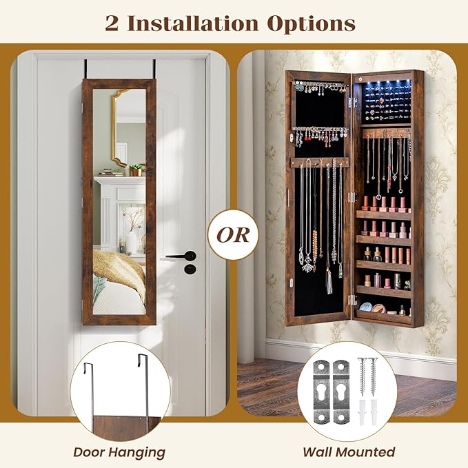 Giantex Wall or Door Mounted Jewelry Cabinet with Full Length Mirror, Over The Door Jewelry Armoire Organizer with Lights, Large Storage with Necklace Hooks, Earring Slots & Shelves (Rustic Brown)