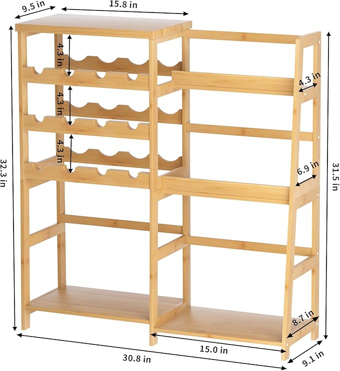 VASMIA Versatile Liquor Stand for Home Bar, Wine Rack Freestanding Floor, Mini Bar Table with Bamboo Trapezoidal Liquor Bottle Display Shelf Cabinet for Living Room, Natural
