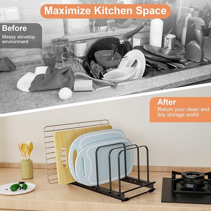 Cutting Board Organizer Rack, 1-Pack Adjustable Bakeware Organizer Holder for Cabinet Countertop, 7 Slots Metal Rack Cookie Baking Sheet, Pot Pan Lids Divider Kitchen Organization Storage, Black