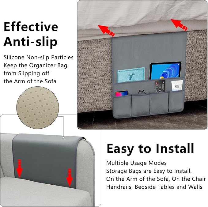 TV Remote Control Holder Couch Caddy, Non-slip Bedside Caddy Organizer with 5 Pockets for Key Glasses Phone Magazine Holders (Gray, 35''x18'')