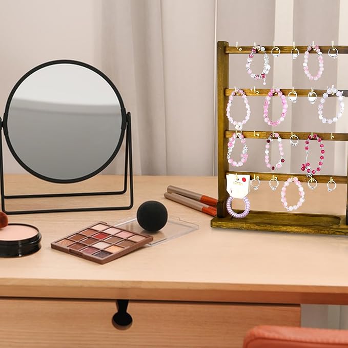 4 Layers of Wooden Display Eacks With Hooks for Necklaces. Rings, Earrings, Bracelets, And Other Jewelry Storage Display Rack (Walnut Wood Color)