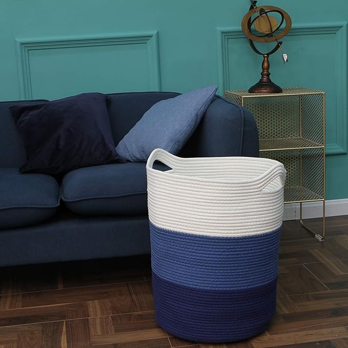 Sea Team Large Size Cotton Rope Woven Storage Basket with Handles, Laundry Hamper, Fabric Bucket, Drum, Clothes Toys Organizer for Kid's Room, 20 x 14 inches, Round Open Design, White & Navy