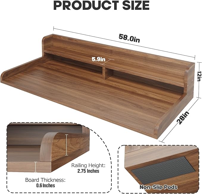 2-Tier Washer Dryer Countertop with 2.75" H Edge Rails, 58" W x 28" D Laundry Countertop for Folding Clothes, Washer and Dryer Topper with Non-Slip Pad (Dark Walnut)