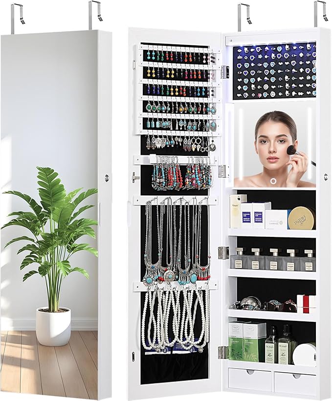 GISSAR Mirror Jewelry Cabinet, LED Wall Door Mount Full Length Jewelry Armoire with Makeup Mirror and Jewelry Storage, Large Capacity Lockable Jewelry Organizer, Vanity Mirror with Lights, White