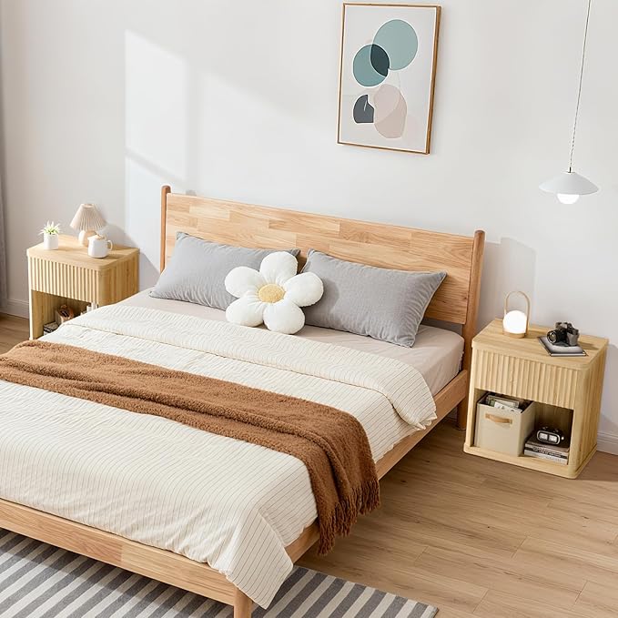 Fluted Nightstands Set of 2, Bedside Tables with Wave Pattern Drawer, Open Shelf & Rounded Corners, Modern Wood End Table for Small Space, Bedroom Decor