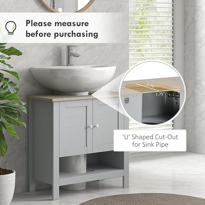 Kleankin Pedestal Sink Storage Cabinet, Under Sink Bathroom Vanity with Adjustable Shelf and Open Bottom Shelf, Gray
