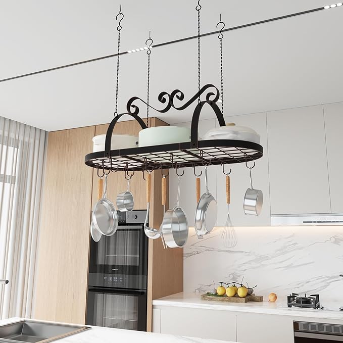 Hanging Pot Rack Ceiling Mount, 33" Metal Ceiling Pan Hanging Rack with 15 S Hooks, Oval Pot and Pan Storage Rack, Decorative Vintage Brown Pot Hangers for Kitchen Organize Utensils Cookware