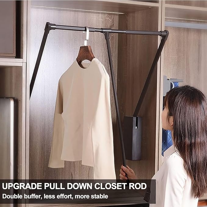 Pull Down Closet Rod for Hanging Clothes, Retractable Wardrobe Hanger for Cabinet Inside Width 26"~35", Aluminium alloy Tubing with Plastic Housing, 44 lb Weight Rating