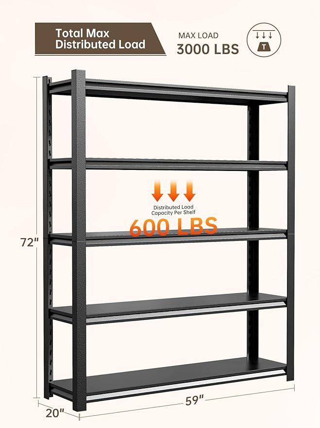 JHYKHG 48" W Storage Shelves,5-Tier Heavy Duty Garage Shelving,Adjustable Shelving Unit,Metal Shelf,Boltless Assembly Rack for Warehouse,Shed,3,000 lb Load,20 x 59 x 72 Inches,Black