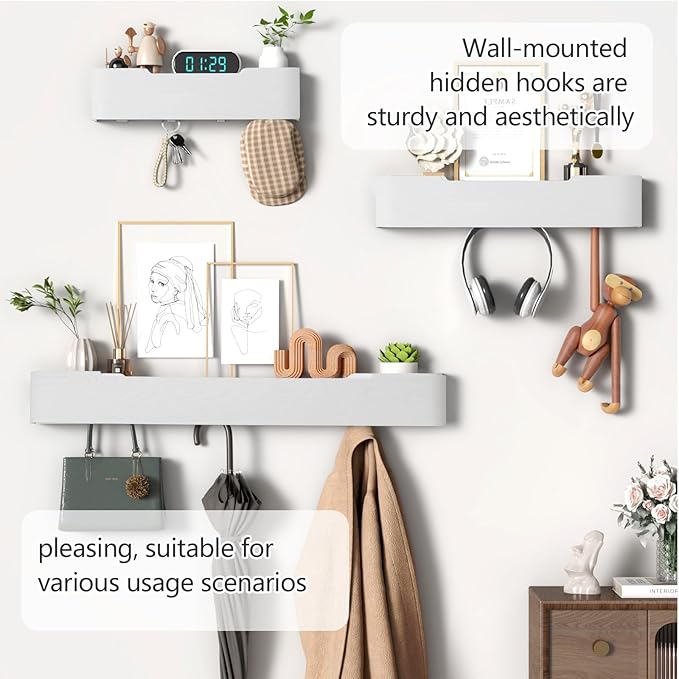 Coat Rack Wall Mount with Hidden Hooks Modern Key Holder Wood Entryway Hook with Shelf for Bedroom Kitchen Hallway Bathroom Designed for Hanging Coats Hats Bags Towels Dog Leashe(White,5 Hooks)