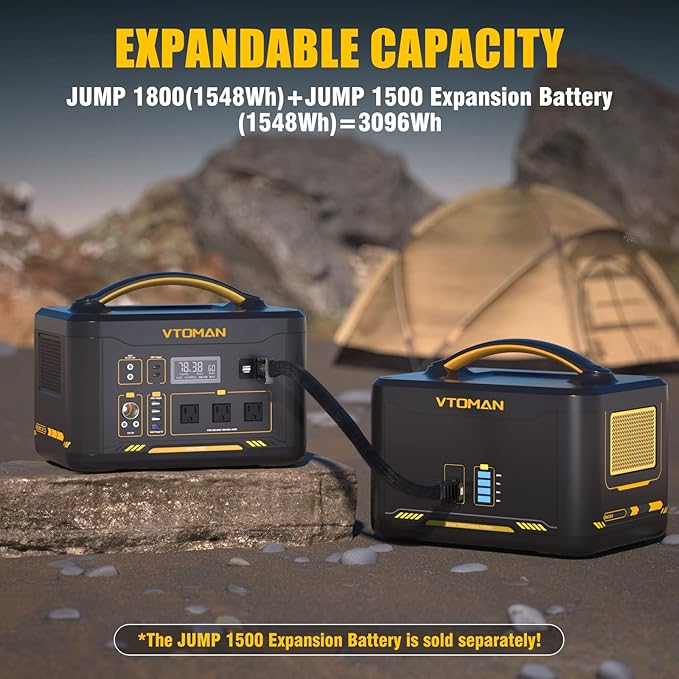 VTOMAN Jump 1800 Portable Power Station with Jumper Cables, 1548Wh LiFePO4 Battery Solar Generator & Car Jump Starter, 1800W 3xAC Outlets, 2xPD 100W Type-C, Large Capacity for Camping Roadside Rescue