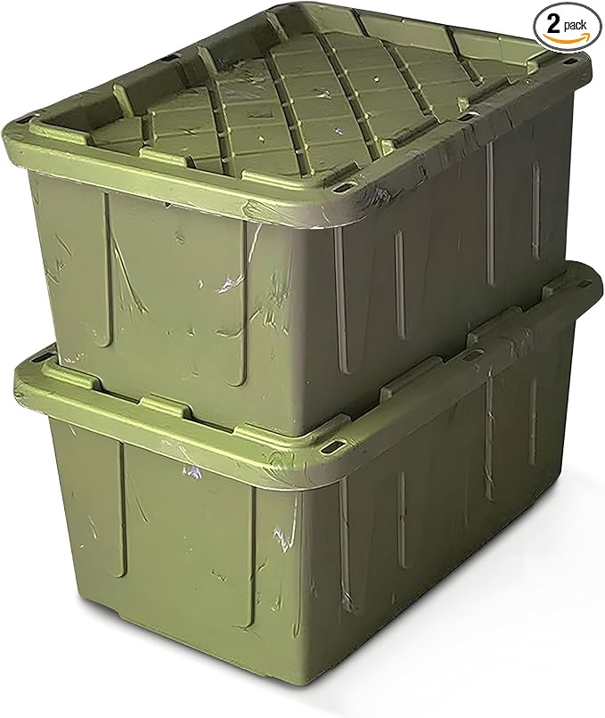 HOMZ 2-Pack Durabilt Tote, Heavy Duty Plastic Storage Bins with Lids, 27 Gallon, Green Camo - Stackable Organizing Containers for Home, Garage, and Office