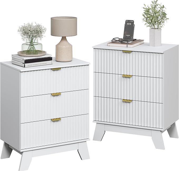 Night Stand Set 2, Bedside Table & End Table, Mid Century Modern Fluted Wood Nightstand with 3 Drawers & Metal Handles, Farmhouse Nightstand for Bedroom, White