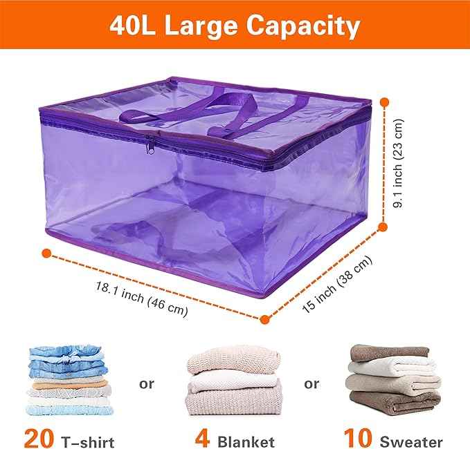 Vieshful Purple 40L Clear Clothes Storage Bag Colorful Clothes Organizer with Zipper Vinyl Storage Bag for Comforter, Blanket, Bedding, Duvet, Transparent Moving Totes 3 Pack
