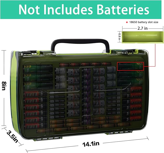 ALCYON Large Capacity 269 Battery Organizer Storage Case with Tester, Double-Side Battery Holder Container for AA AAA AAAA C D 9V Lithium 3V CR123 CR1632 18650 Batteries(Box Only) (Lighting Green)