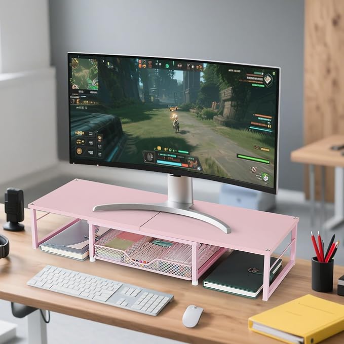 OPNICE Dual Monitor Stand Riser, Desk Organizer with Drawer, Office Desk Organizers and Accessories, Office Workspace Organization Computer Monitor Stand for Laptop, Printer, TV（Pink）