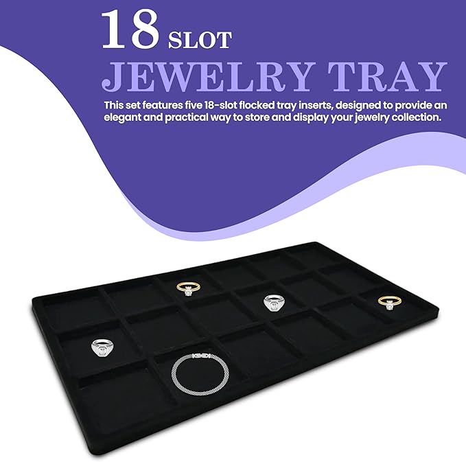 Novel Box 5 Pack 18-Slot Black Liner Jewelry Storage Tray Inserts 14.75x8.25x1 Inches - Jewelry Organizer Pad for Drawers & Store Displays - Jewelry Display Pads for Rings Earrings & Pendants