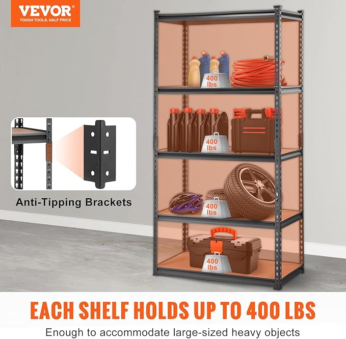 VEVOR Storage Shelving Unit, 5-Tier Adjustable, 2000 lbs Capacity, Heavy Duty Garage Shelves Metal Organizer Utility Rack, 2 Pack, 36" L x 18" W x 72" H