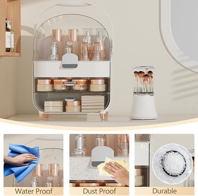 Makeup Organizer Countertop & Makeup Brush Holder with Lid 360 Rotating Clear Dustproof Skincare Holder for Vanity Bathroom Countertop, Ideal Gifts for Women, Transparent, Silver