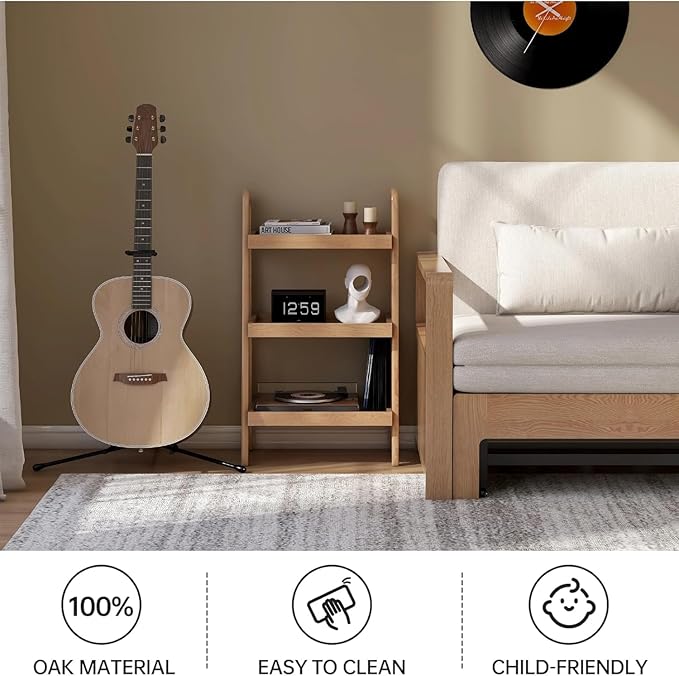 100% Solid Oak 3 Tier Ladder Shelf for Saving Space, Tall Nightstand with Stable Frame for Bedroom, Small Side Table for Living Room Office(Natural, 13.4" L x 25.6" W x 36.2" H)