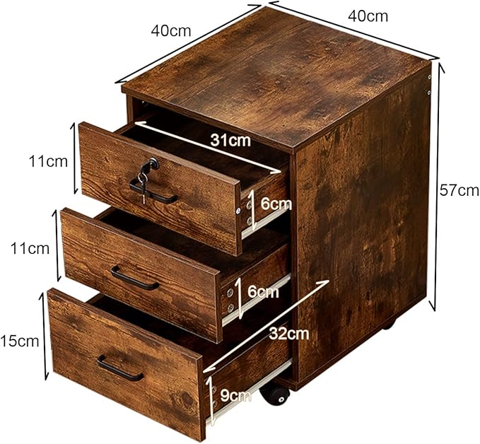 TUKAILAi Mobile File Cabinet with 3 Drawers, Lockable Storage Unit Wooden Rolling Office Filing Cabinet with Wheels, for Legal/Letter/A4 Sized Documents Home Office (Rustic Brown 1PCS)