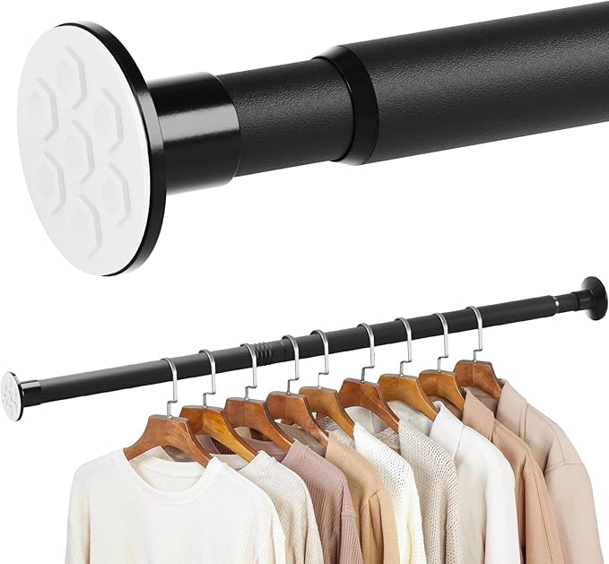 No Drilling Closet Rod, 27.5-82 Inches Hanging Closet Rod for Clothes, Closet Bar & Pole Heavy-duty, Closet Rods for Hanging Clothes For Closet Wardrobes Bathroom Laundry RV Curtains,Black