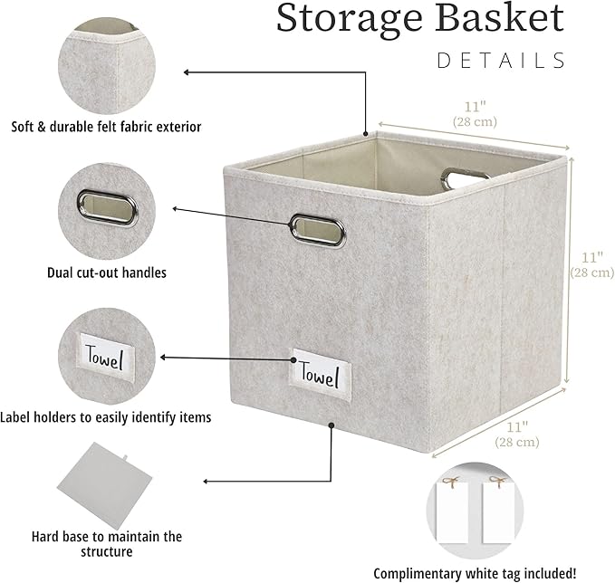 DECOMOMO Felt Storage Bins, 11 inch Cube Storage Bin with Labels for Shelves Kallax (Cube 11" / 6pcs, Beige)
