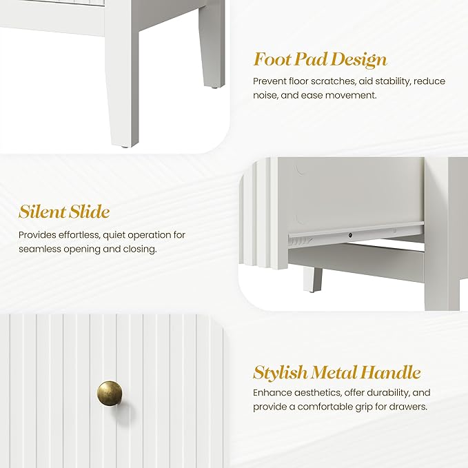 RoyalCraft White Fluted 5 Drawer Dresser for Bedroom, Tall Chest of Drawers, Waterproof Lacquered Desktop,Modern Wood Storage Cabinet for Living Room