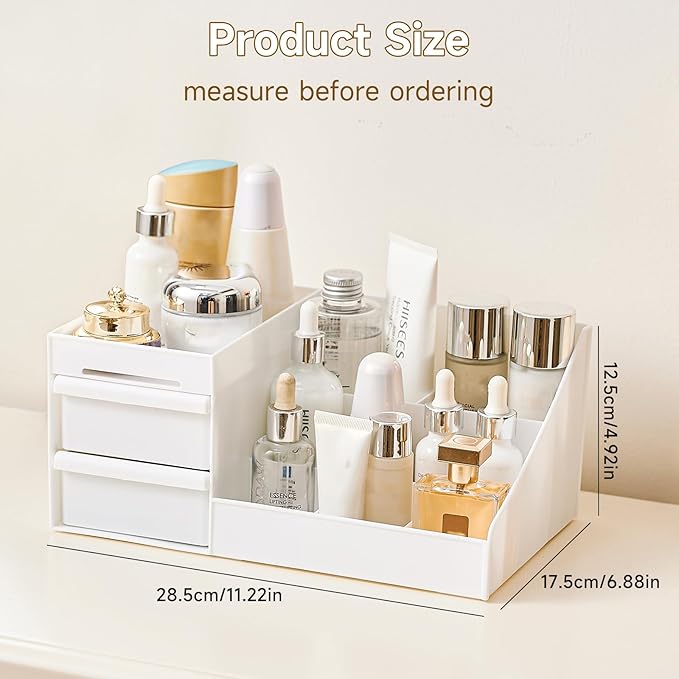 Perfume Cologne Organizer, Perfume Stand Shelf with 2 Drawers, Bathroom Counter Organizer and Storage for Skincare, Makeup, Cosmetics, White