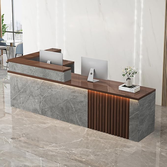 Receptionist Desk with LED Light，Wooden Salon Checkout Counter with Storage Drawer & Keyboard Tray Modern L-Shaped Reception Desk for Barbershop Office Company Store