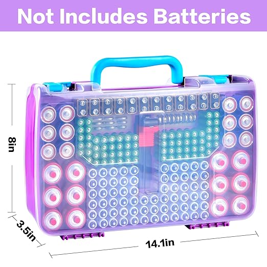 Battery Storage Organizer Case Holder Box with Tester, Double-Sided Batteries Fits for 269 Caddy Container AA AAA AAAA 3A 4A 9V C D Lithium 23A 4LR44 CR123A CR1632 CR2032 - Purple