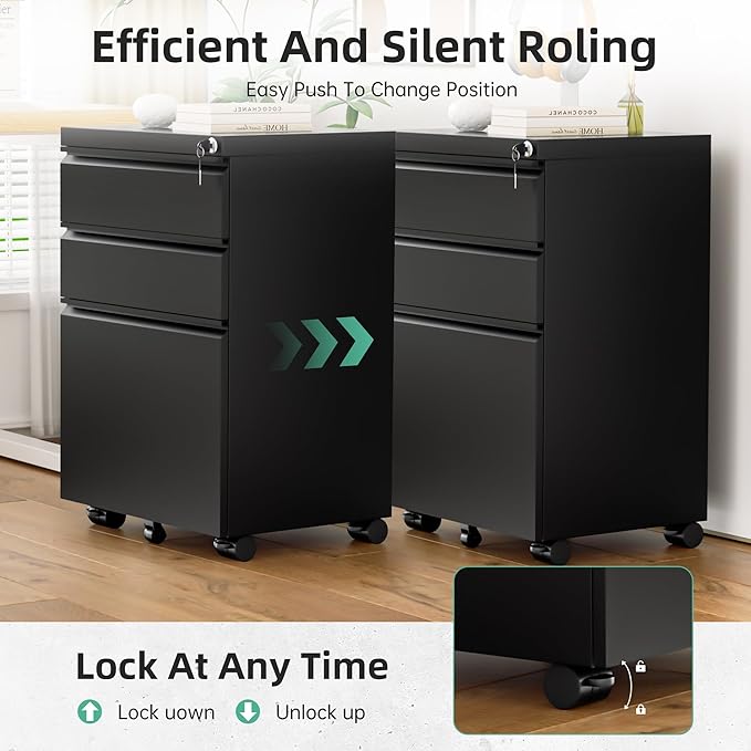 Bonusall 3 Drawer Black File Cabinet, Fully Assembled Metal Rolling Filing Cabinet with Lock, Under Desk Filing Cabinets for Home Office Fit A4/Letter/Legal