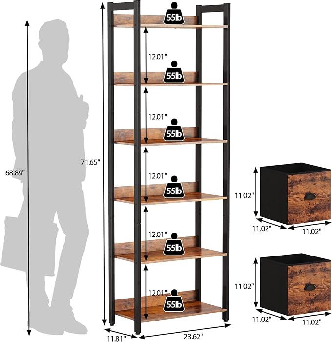 Furologee 6-Tier Bookshelf, Tall 71" Rustic Bookcase with 2 Drawers Storage Organizer, Industrial Display Free Standing Shelf Units, Wood and Metal Storage Rack for Home Office, Bedroom, Rustic Brown