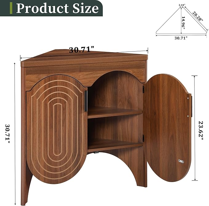 Small Corner Storage Cabinet, Mid Century Modern Floor Corner Cabinet with Curved Doors and Adjustable Shelves，Freestanding Narrow Storage Organizer for Bathroom, Living Room, Entryway(Walnut)