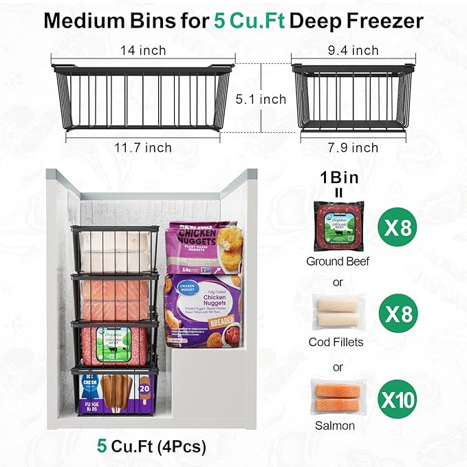 iSPECLE Chest Freezer Organizer Bins - 8 Pack Stackable Freezer Organizer for 5 to 7 Cu.Ft Freezer and Upright Freezer Over 8.5 Cu.Ft, Easy Get Food from Bottom, Add Extra Storage Space, Black