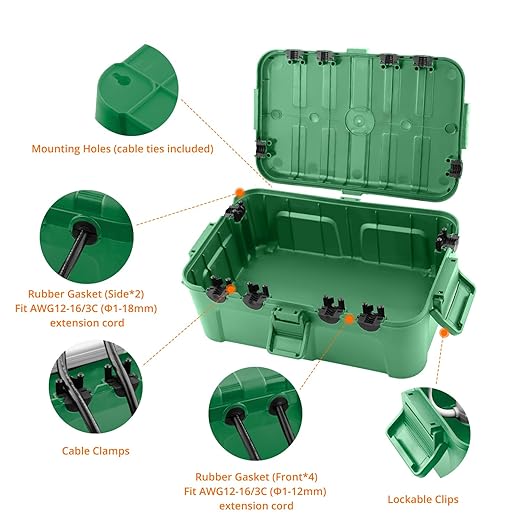 QUOBAS Extra Large Outdoor Electrical Box Waterproof, IP54 Weatherproof Extension Cord Cover, Outdoor Plug Cover Protect Outlet, Plug, Power Strip, Tools, Holiday Light, Green
