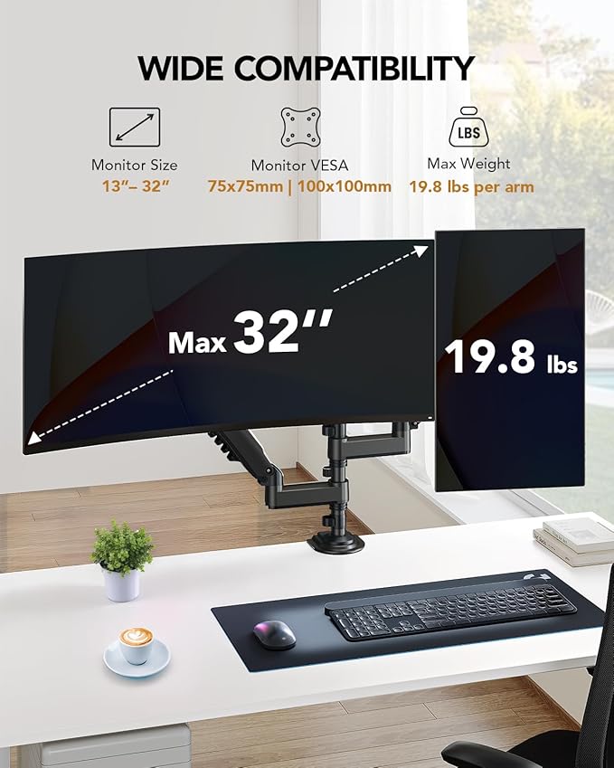 HUANUO Dual Monitor Arm for 13-32 inch Screens,Holds 19.8lb,Adjustable Monitor Stand with Clamp and Grommet Base,Vesa 75x75mm/100x100mm Compatibility (Black)