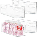 primebox Plastic Food Storage 4 Pack Clear Container Bin with Handles for Organizing Kitchen, Pantry, Refrigerator, Freezer, Pantry, Cabinet, Closet, Bathroom. 14”x4”x4”