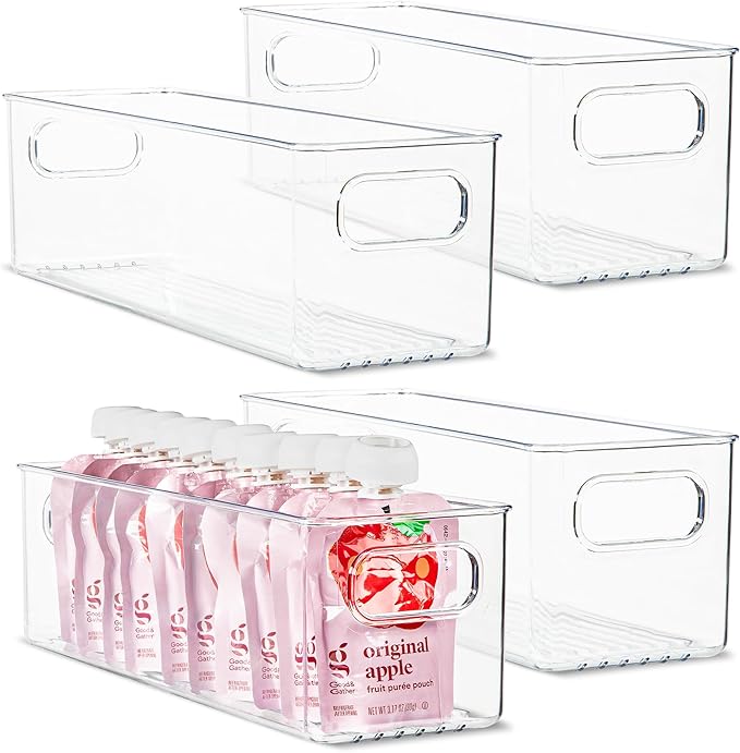 primebox Plastic Food Storage 4 Pack Clear Container Bin with Handles for Organizing Kitchen, Pantry, Refrigerator, Freezer, Pantry, Cabinet, Closet, Bathroom. 14”x4”x4”