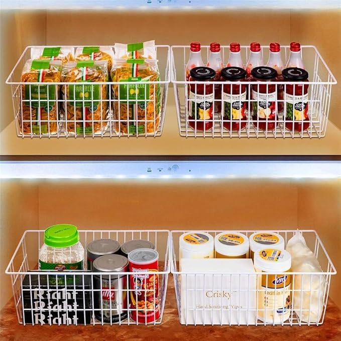 Slideep Freezer Baskets Farmhouse Organizer Storage Basket with Handles, Food Storage Bin for Kitchen Cabinets, Pantry, Closet, Bedroom, Bathroom, Office, 2 Pack, White