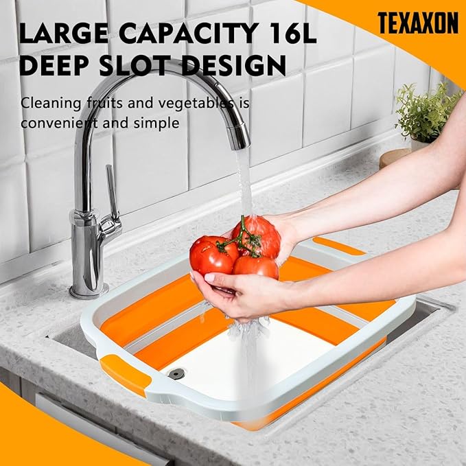 8L/16L BBQ Prep Tub with Cutting Board, Lid & Complimentary Mitts/Gloves – Collapsible Bucket for BBQ, Marinade, Picnic, Camping, Meat Prep – Orange/Black (Orange, Large)