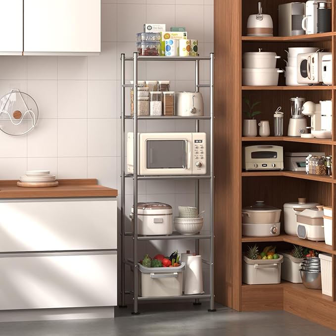 Storage Shelves - Set of 2, 5-Tier Metal Shelf Organizer, Space-Saving Garage Shelving with Leveling Feet, Standing Shelves Organizer for Kitchen, Laundry, Pantry (18.4"x12.6"x57.4", Silver)