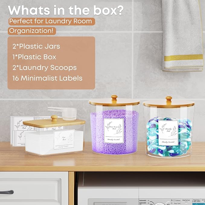 3 Pack Laundry Powder Container & Dryer Sheet Holder, Large Plastic Laundry Room Organization and Storage Jars with Lids, Labels & Scoops for Powder, Detergent, Scent Booster