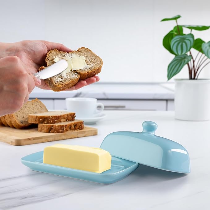 Zulay Kitchen Butter Dish With Lid For Countertop - Porcelain White, Ceramic Butter Dish with Knob Handle Great for Cooking - Elegant Design Butter Holder - Durable & Sturdy Butter Keeper - Light Blue