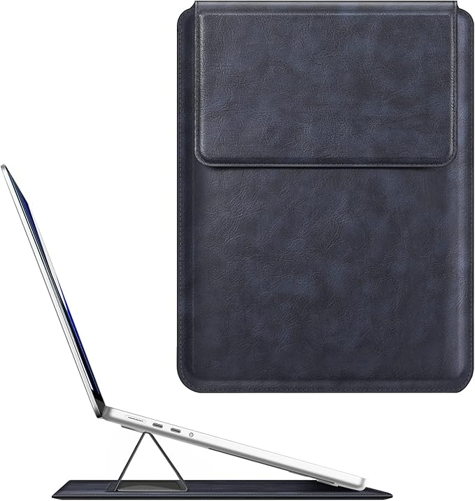 Fintie Sleeve Case for MacBook Air 13.6 A3240 A3113 A2681, Pro 14 A3434 A3401 A3185 A3112 A2992 A2918 A2779 A2442, MacBook Pro/Air 13 - PU Leather Slim Bag Cover with Stand Feature, Navy