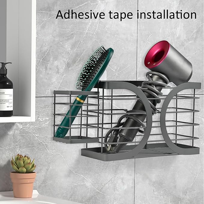 Elegant Black Wall Mounted Hair Dryer Holder - Stylish Bathroom Organiser for Hair Dryer & Straightener, Hair Brush & Accessories
